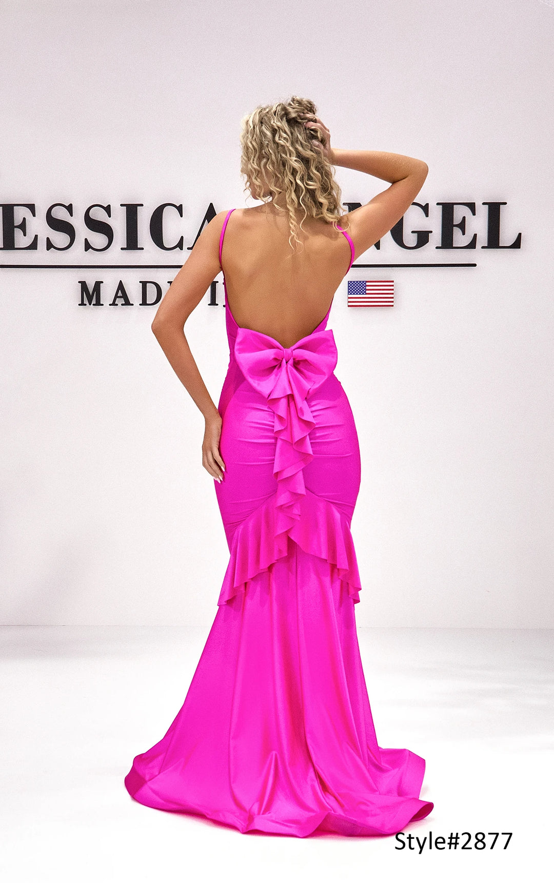 Jessica Angel 2877 V-neck jersey mermaid gown with ruffle bow back alternate view 3