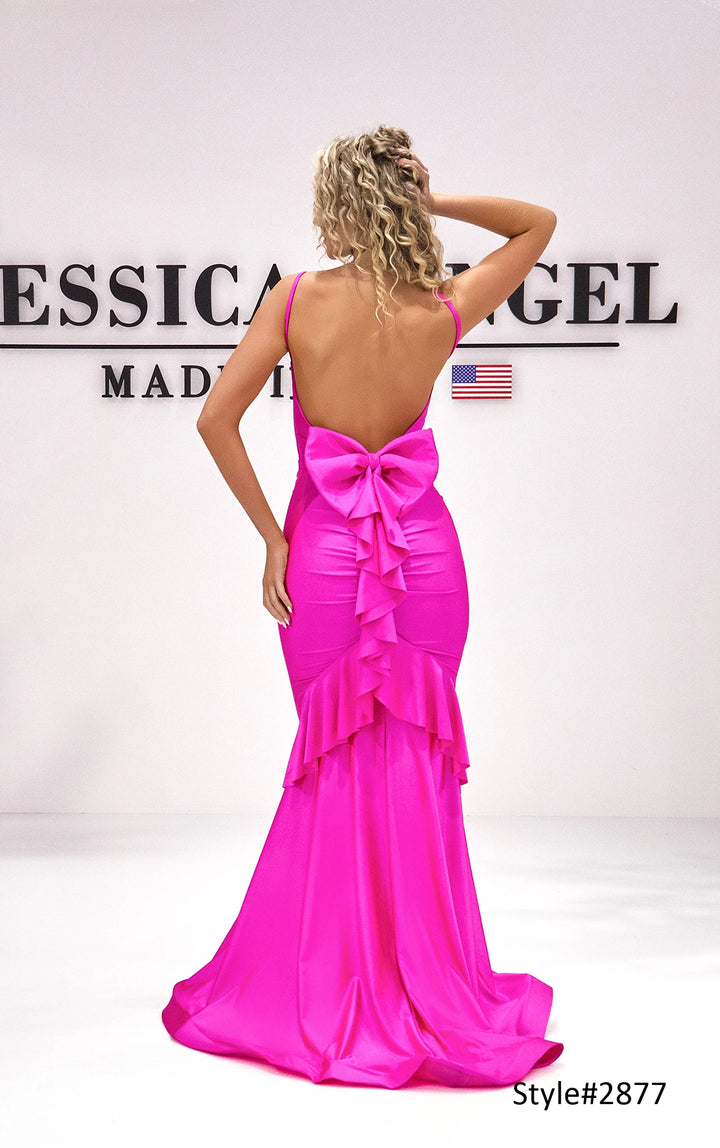 Jessica Angel 2877 V-neck jersey mermaid gown with ruffle bow back alternate view 3