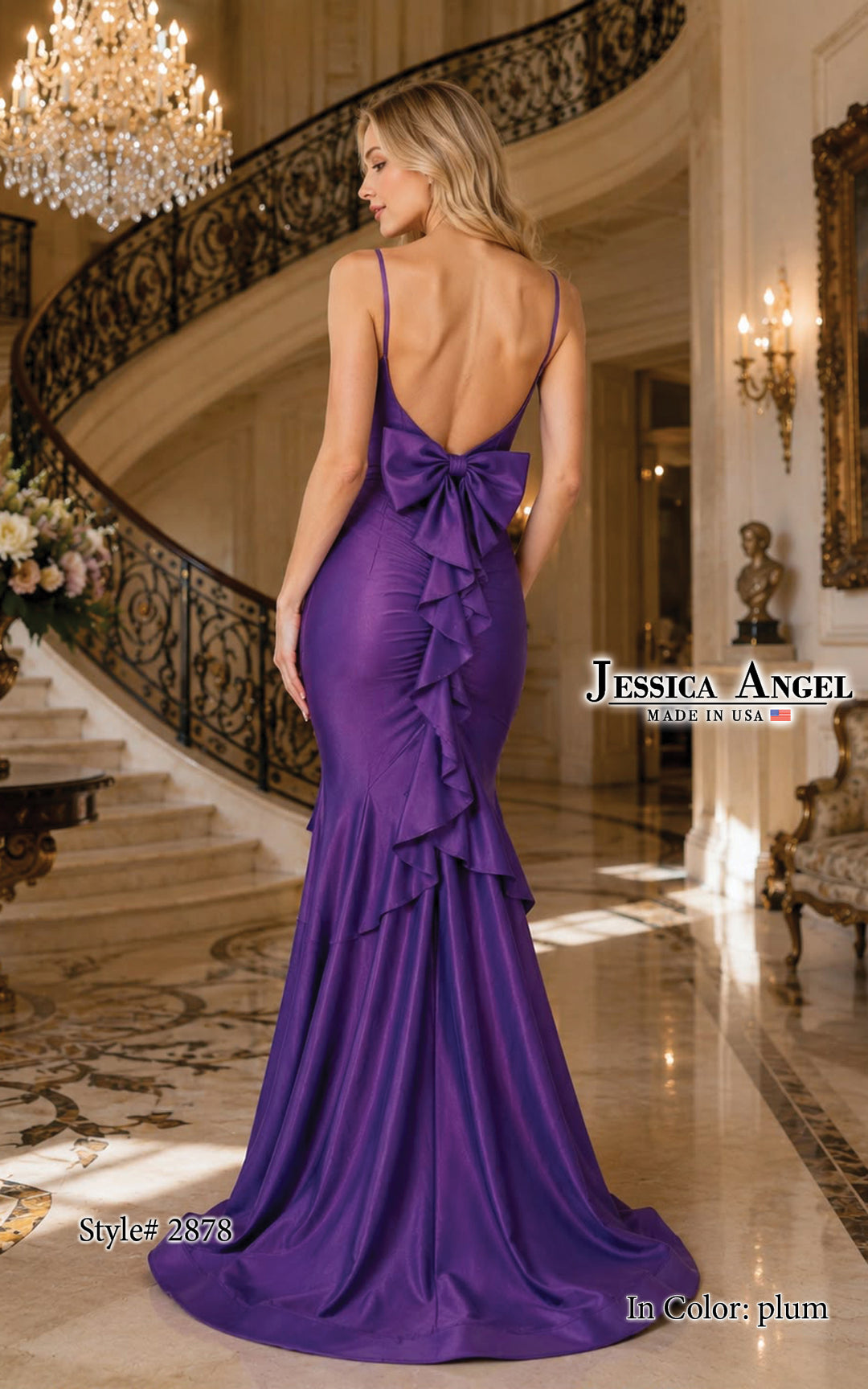 Jessica Angel 2878 V-neck jersey gown with back bow and slit back view