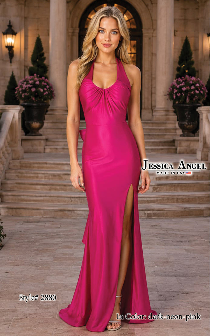Jessica Angel 2880 halter twist jersey gown with lace-up back front view