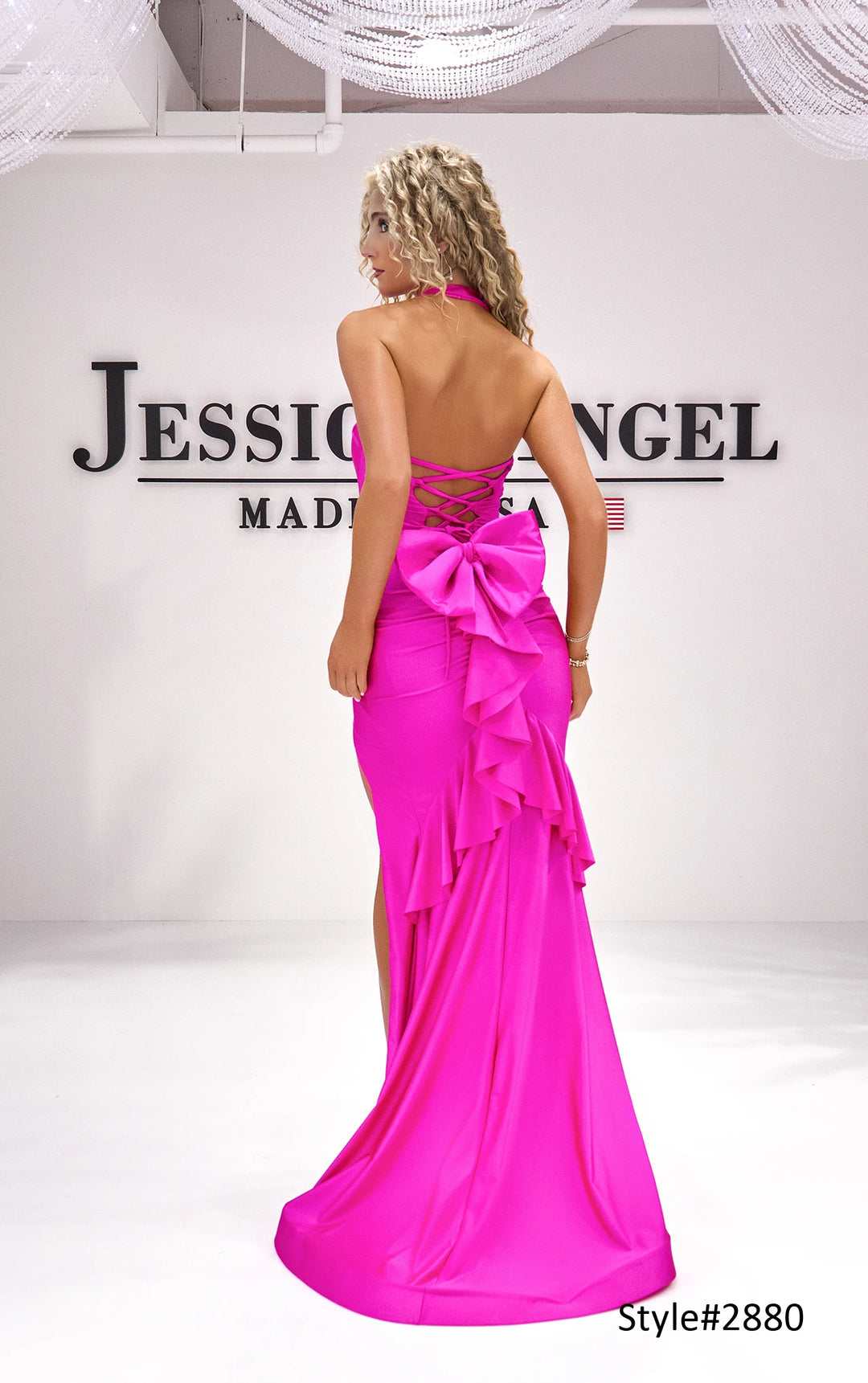 Jessica Angel 2880 halter twist jersey gown with lace-up back alternate view 2