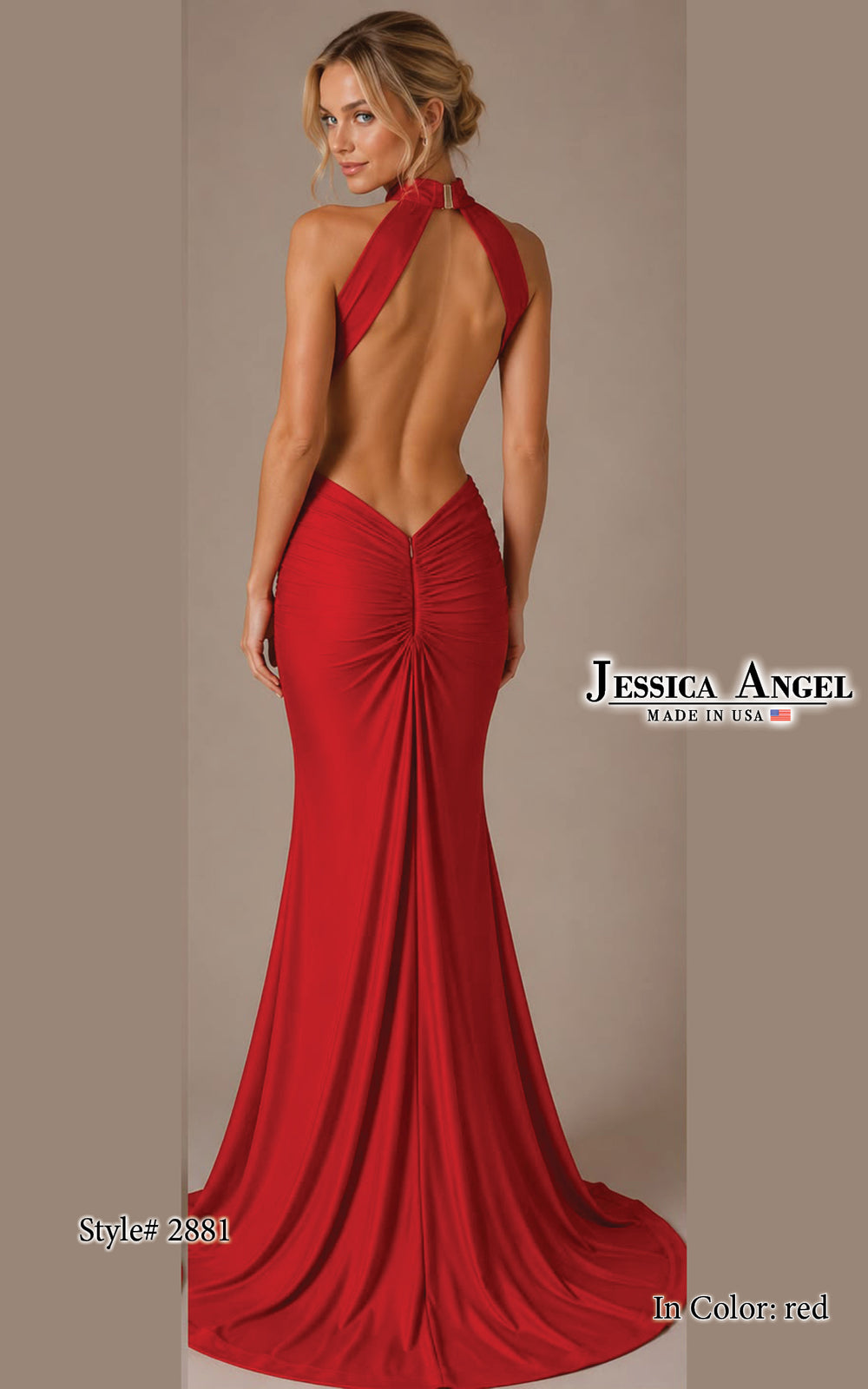 Jessica Angel 2881 high neck halter ruched jersey gown with open back back view