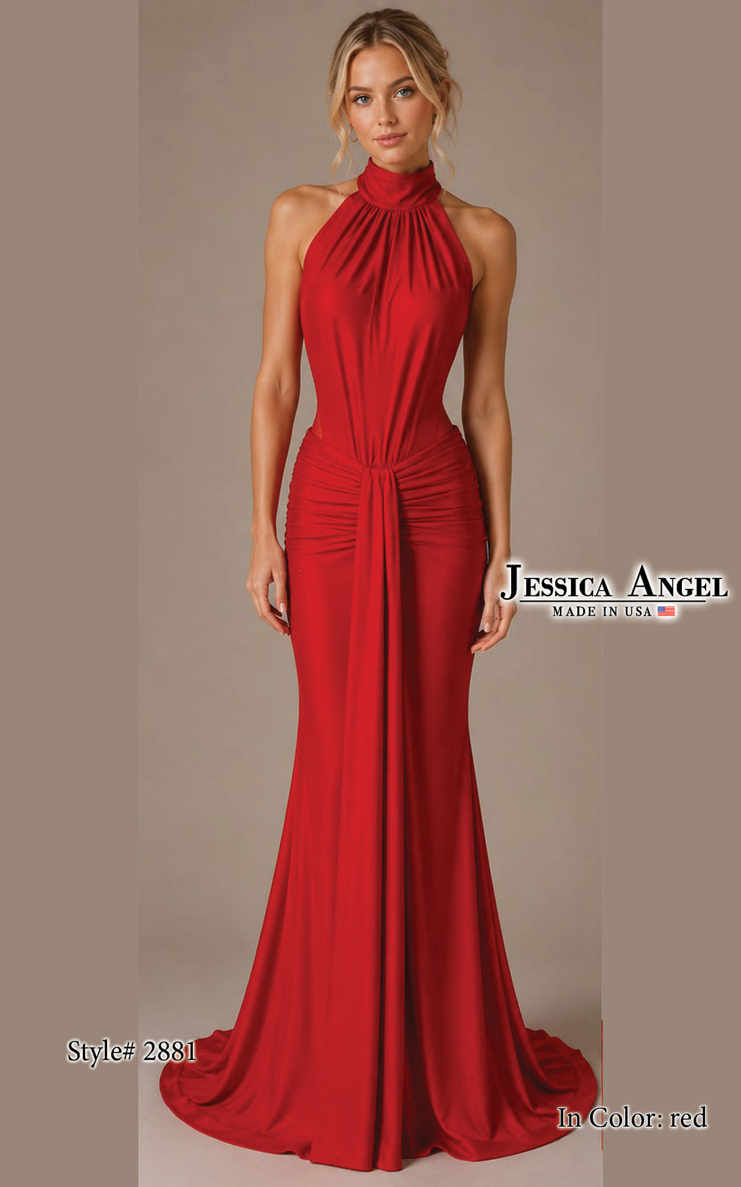Jessica Angel 2881 high neck halter ruched jersey gown with open back front view