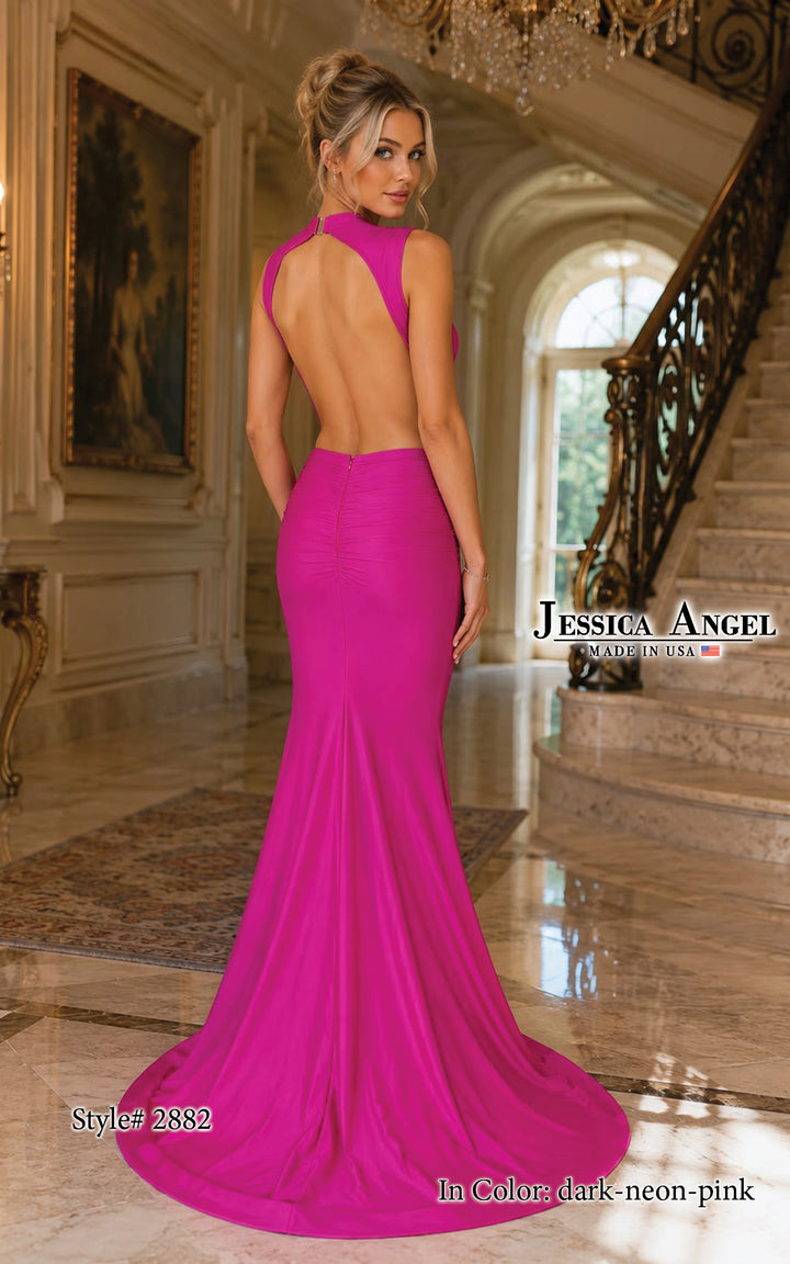 Jessica Angel 2882 high neck draped jersey mermaid gown with cutouts back view