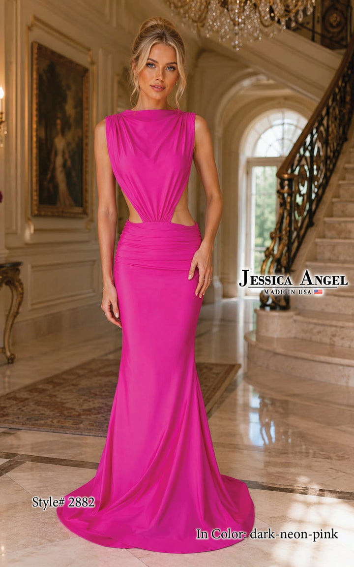 Jessica Angel 2882 high neck draped jersey mermaid gown with cutouts front view
