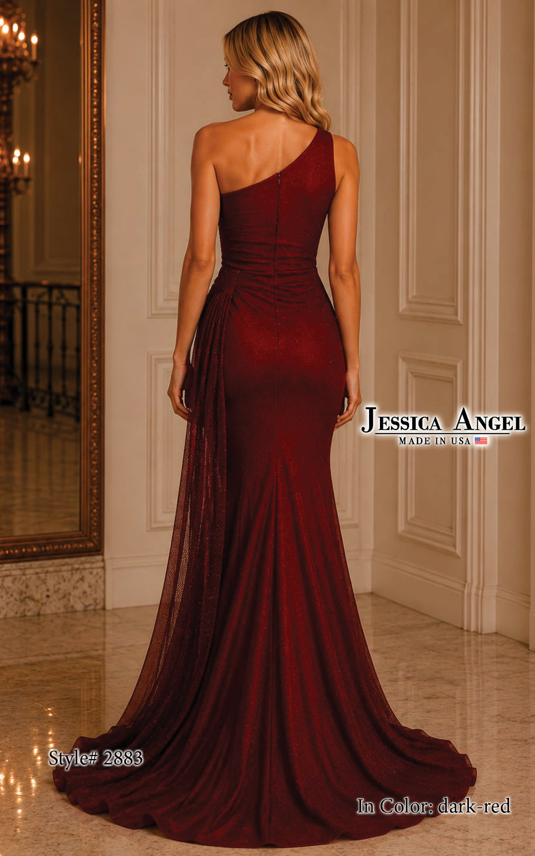 Jessica Angel 2883 one shoulder diamond mesh gown with slit back view