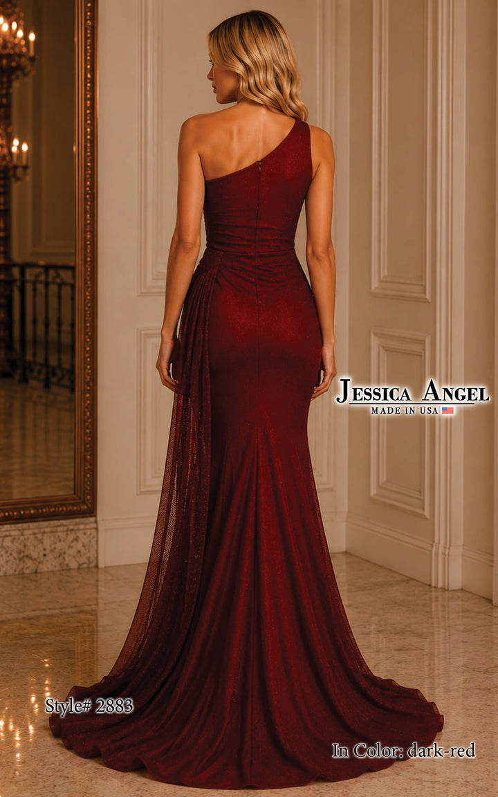 Jessica Angel 2883 one shoulder diamond mesh gown with slit back view