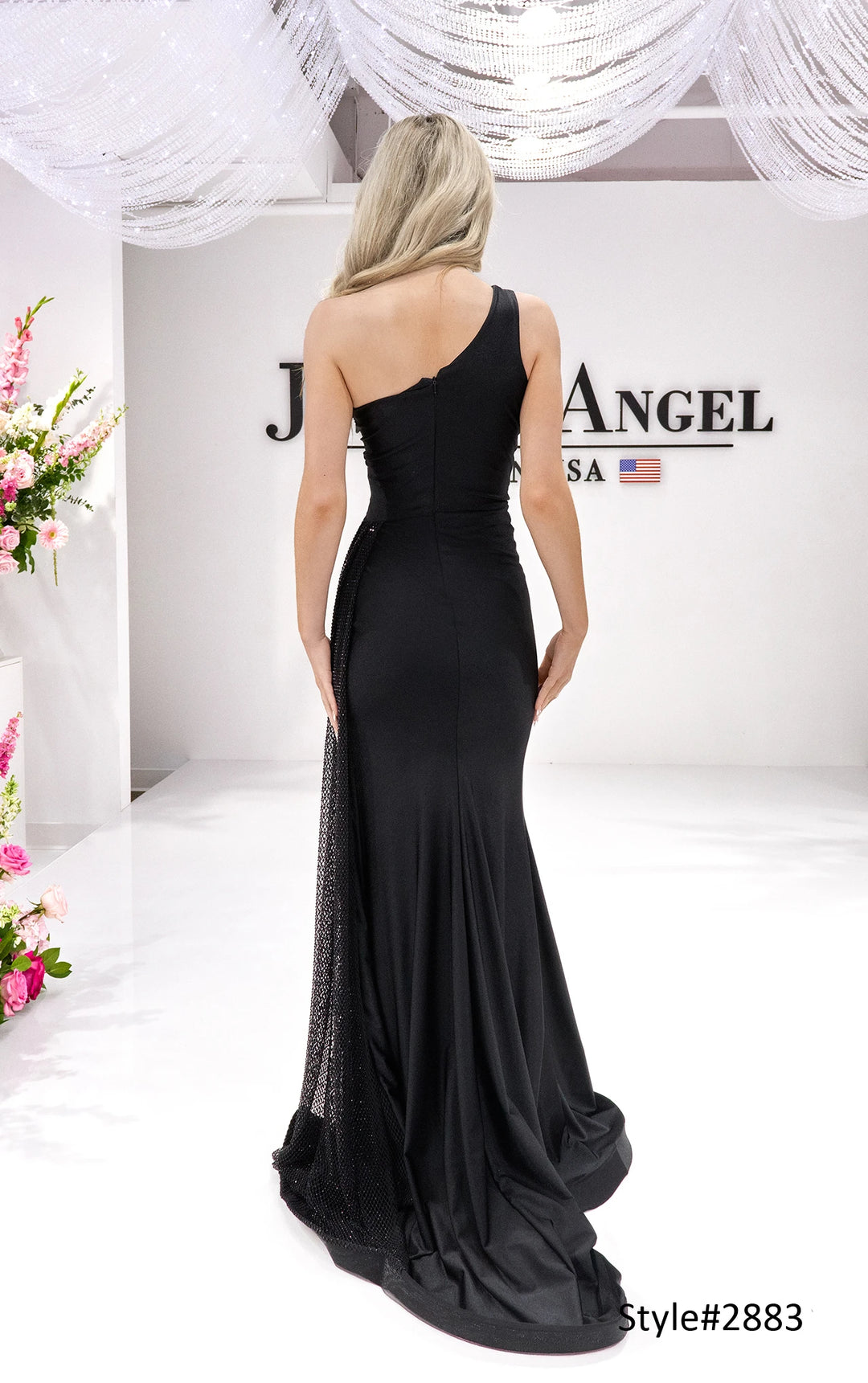 Jessica Angel 2883 one shoulder diamond mesh gown with slit alternate view 3