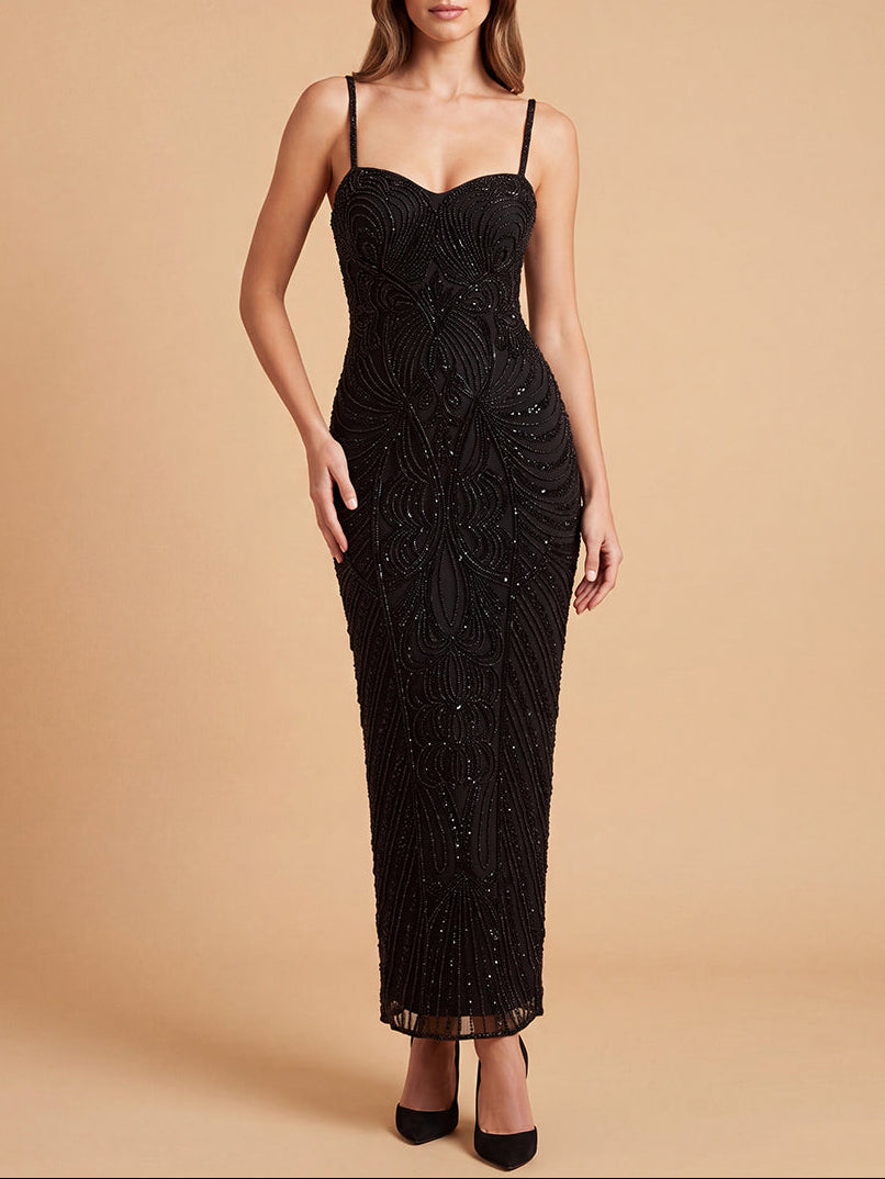 Lara 28831 Beaded Midi Dress with Spaghetti Straps