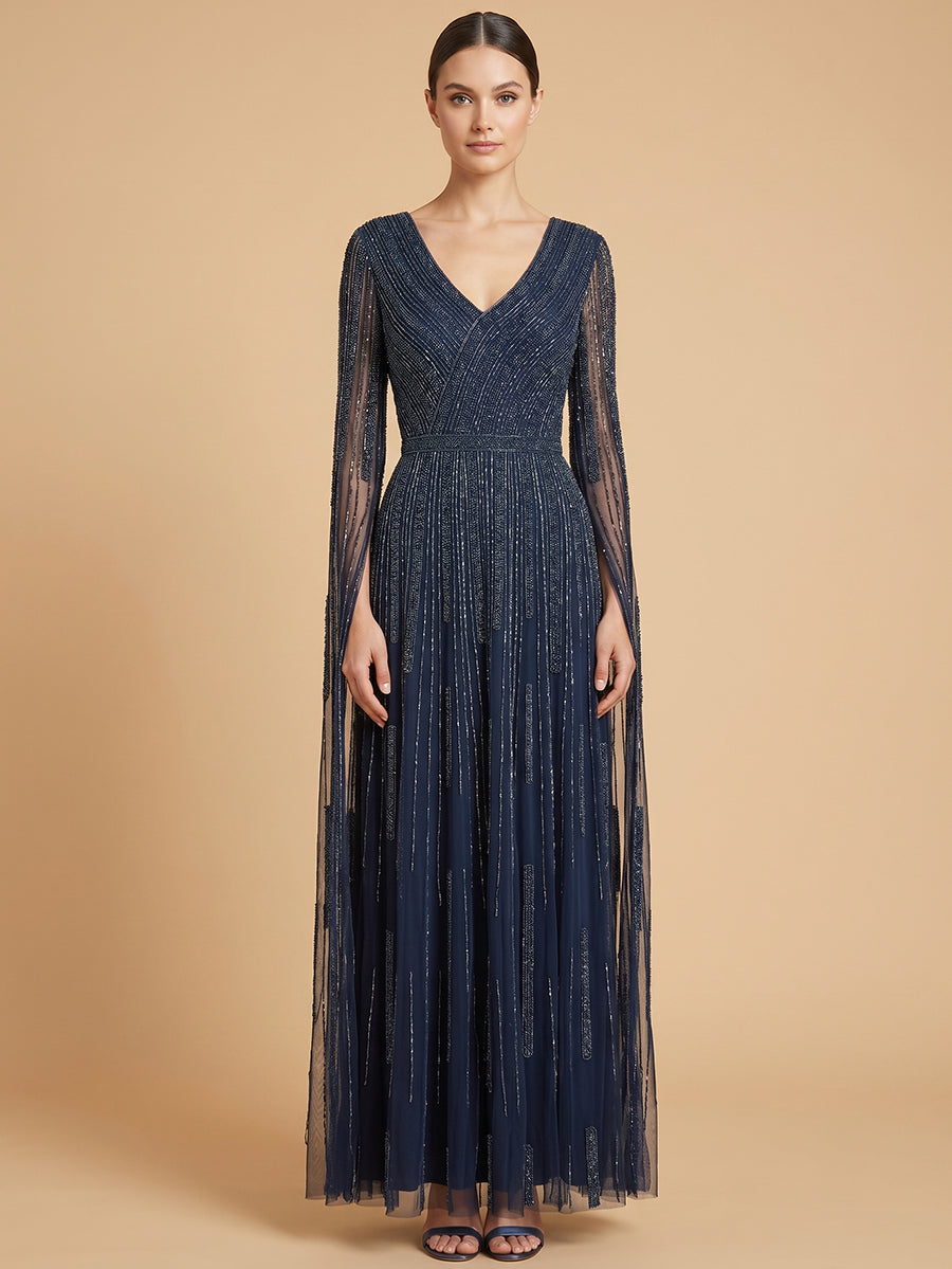 Lara 28835 V-Neck Beaded Dress with Long Cape Sleeves