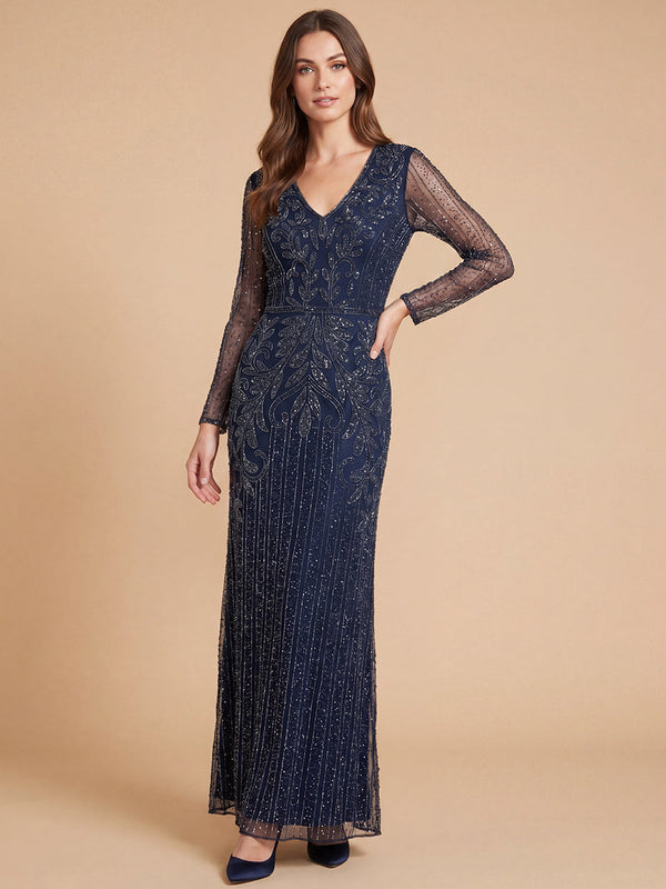 Lara 28841 Long Sleeve Beaded Gown