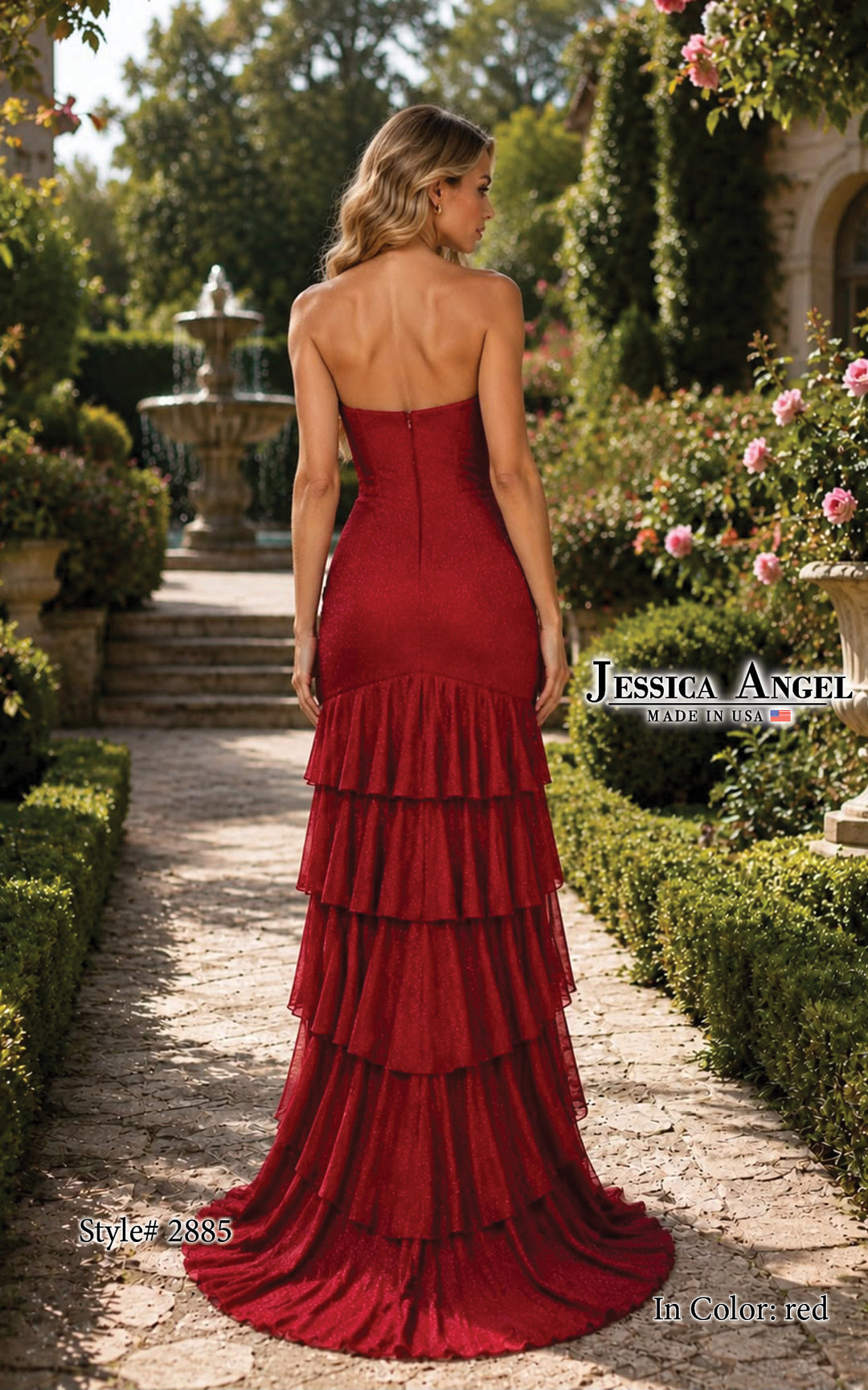 Jessica Angel 2885 strapless corset tiered ruffle glitter mesh gown back view