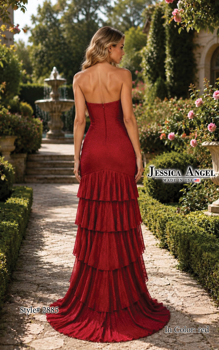 Jessica Angel 2885 strapless corset tiered ruffle glitter mesh gown back view