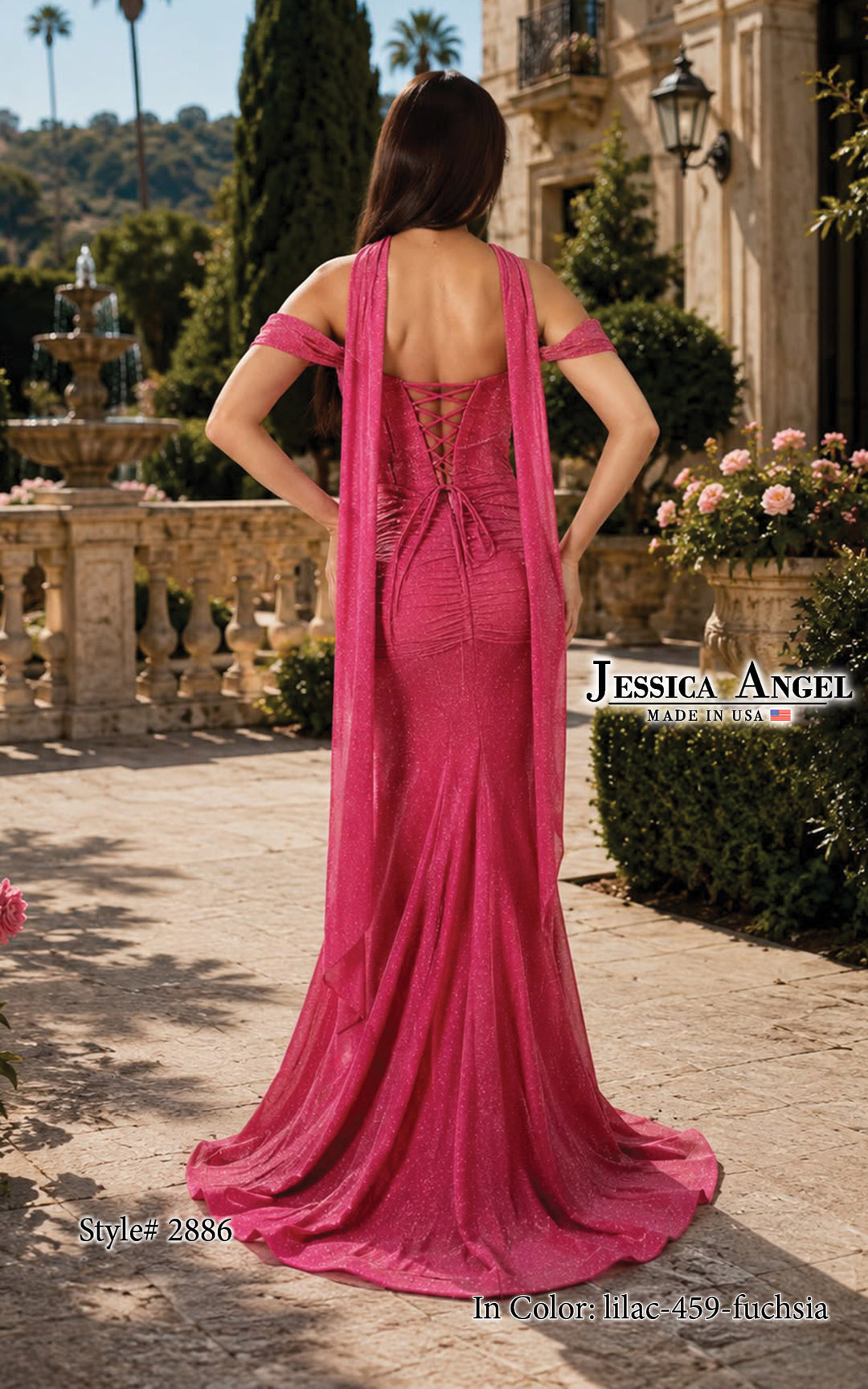 Jessica Angel 2886 off shoulder choker glitter mesh gown with slit alternate view 5
