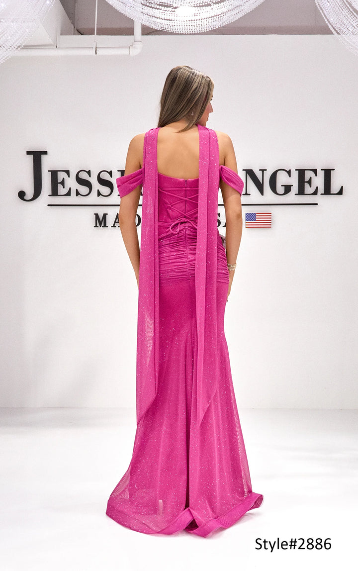 Jessica Angel 2886 off shoulder choker glitter mesh gown with slit alternate view 3