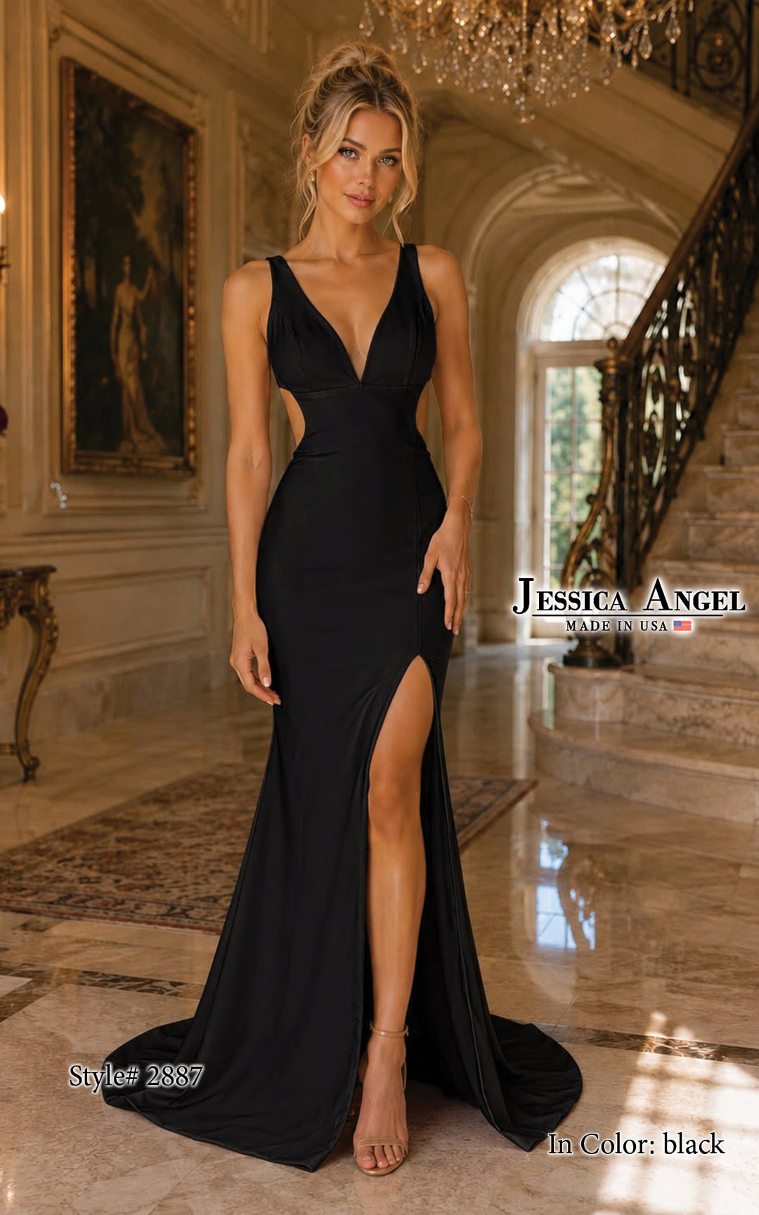 Jessica Angel 2887 V-neck side cutout jersey gown with slit alternate view 6