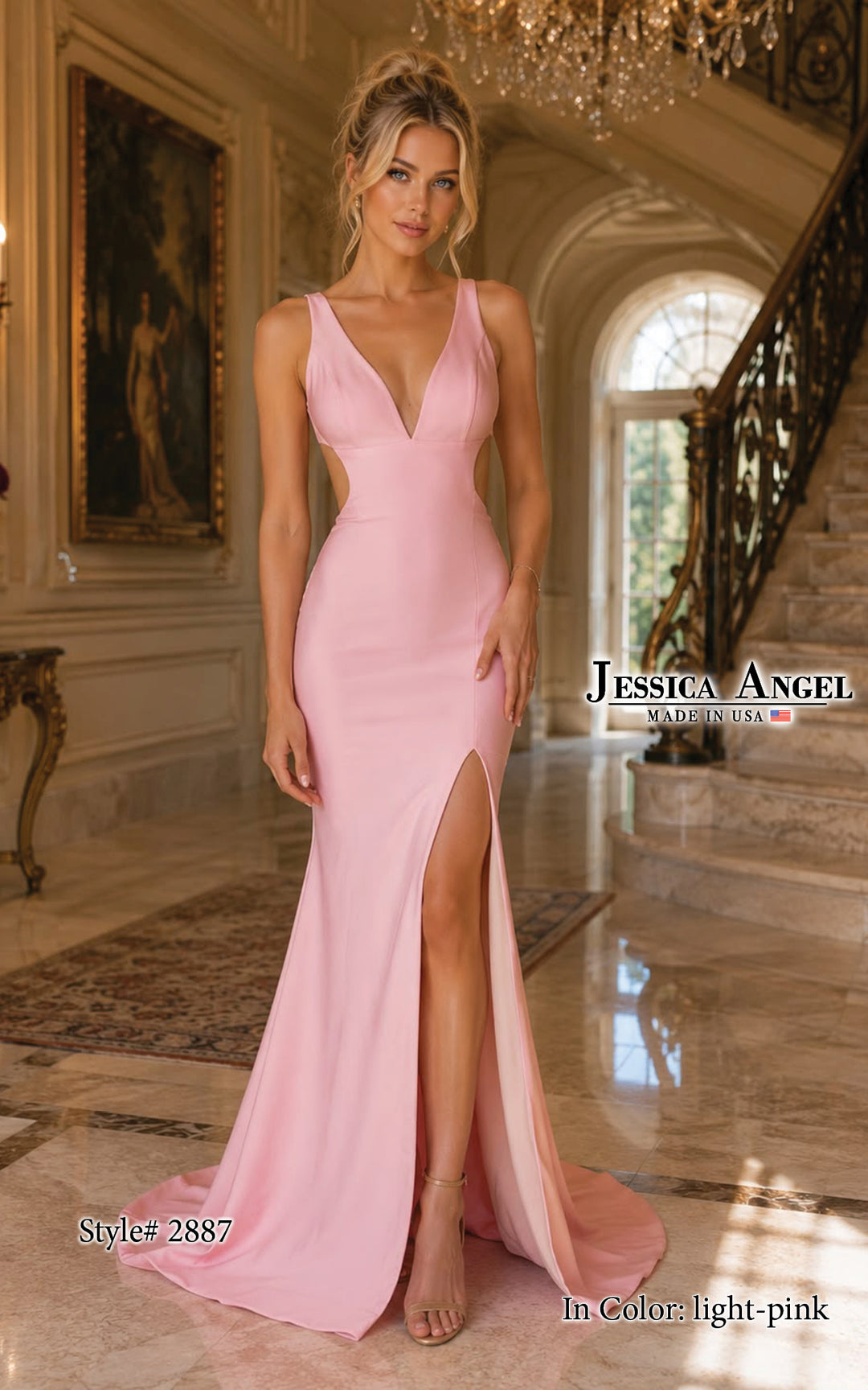 Jessica Angel 2887 V-neck side cutout jersey gown with slit alternate view 4