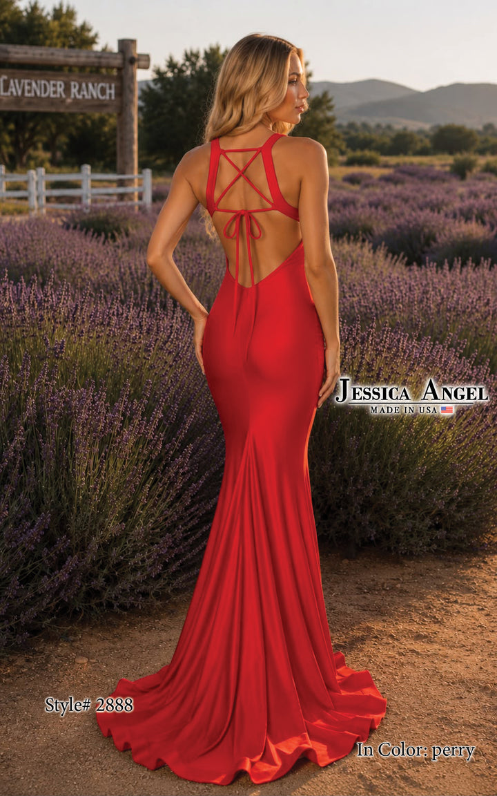 Jessica Angel 2888 deep V-neck jersey mermaid gown with strappy back back view