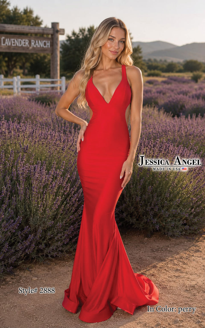 Jessica Angel 2888 deep V-neck jersey mermaid gown with strappy back front view