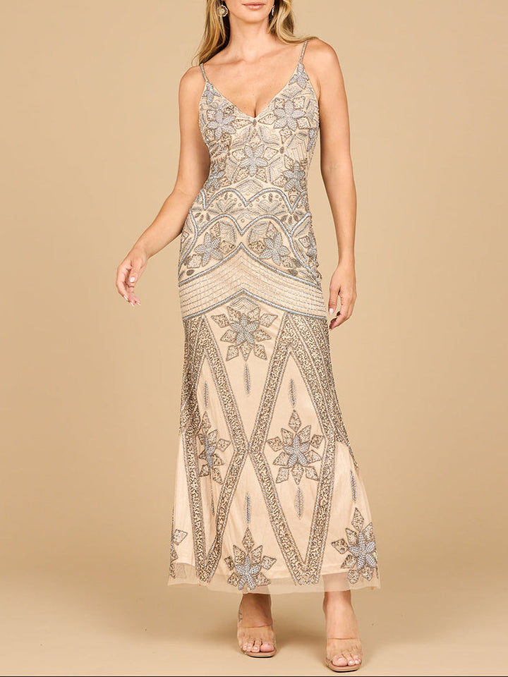 Lara 28896 A-line V-neck beaded gown, front view