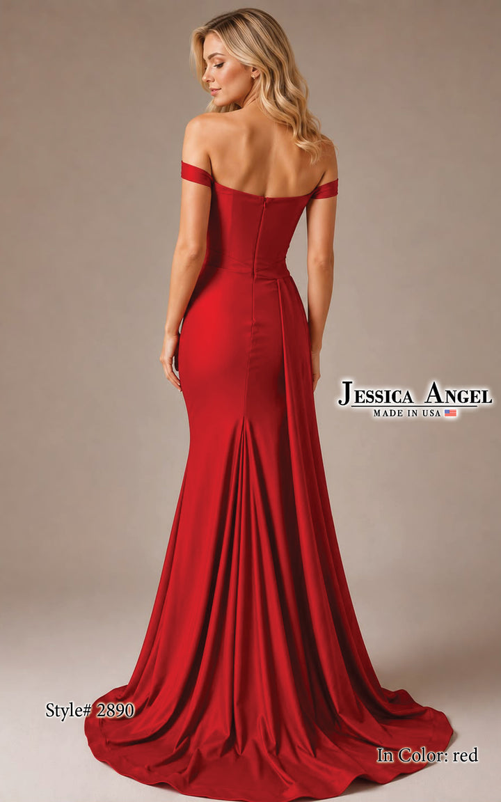 Jessica Angel 2890 off shoulder ruched jersey gown with slit alternate view 5