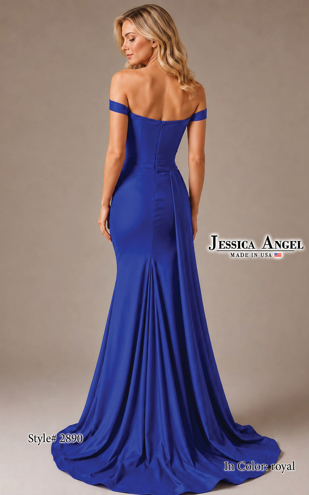 Jessica Angel 2890 off shoulder ruched jersey gown with slit back view