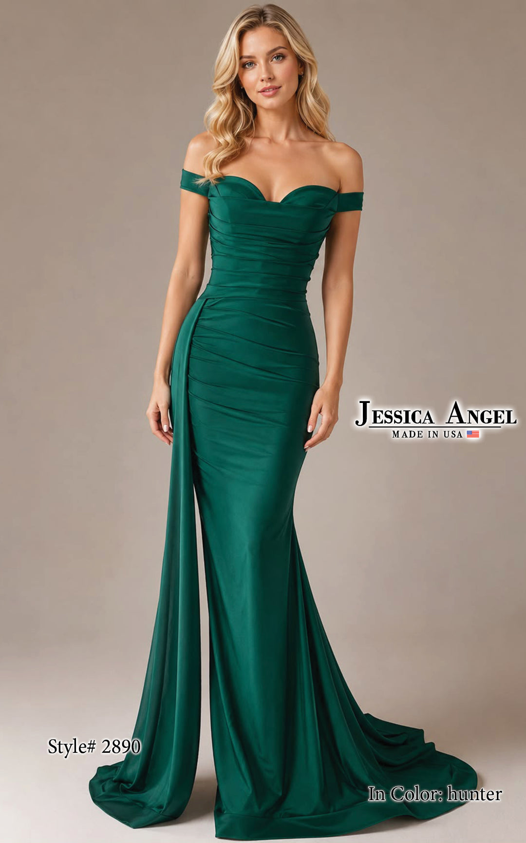Jessica Angel 2890 off shoulder ruched jersey gown with slit alternate view 6