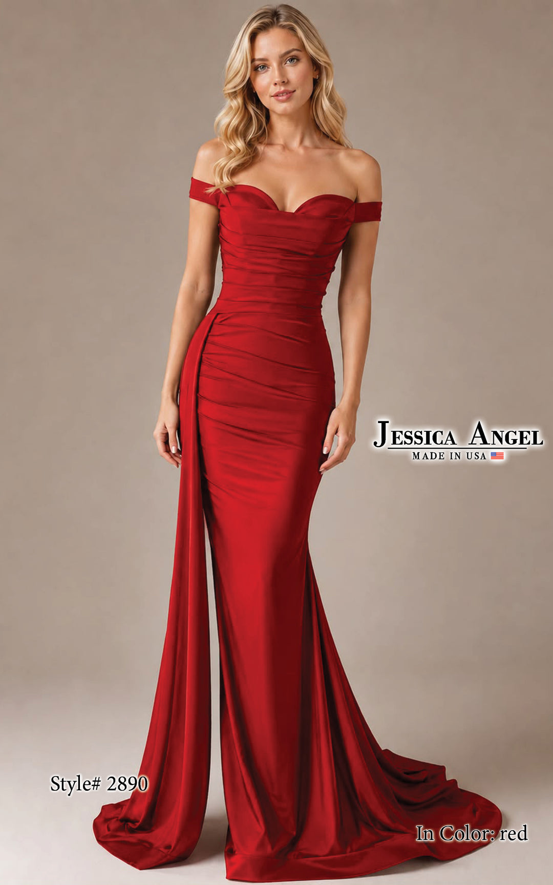 Jessica Angel 2890 off shoulder ruched jersey gown with slit alternate view 4