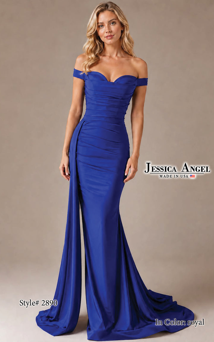 Jessica Angel 2890 off shoulder ruched jersey gown with slit front view