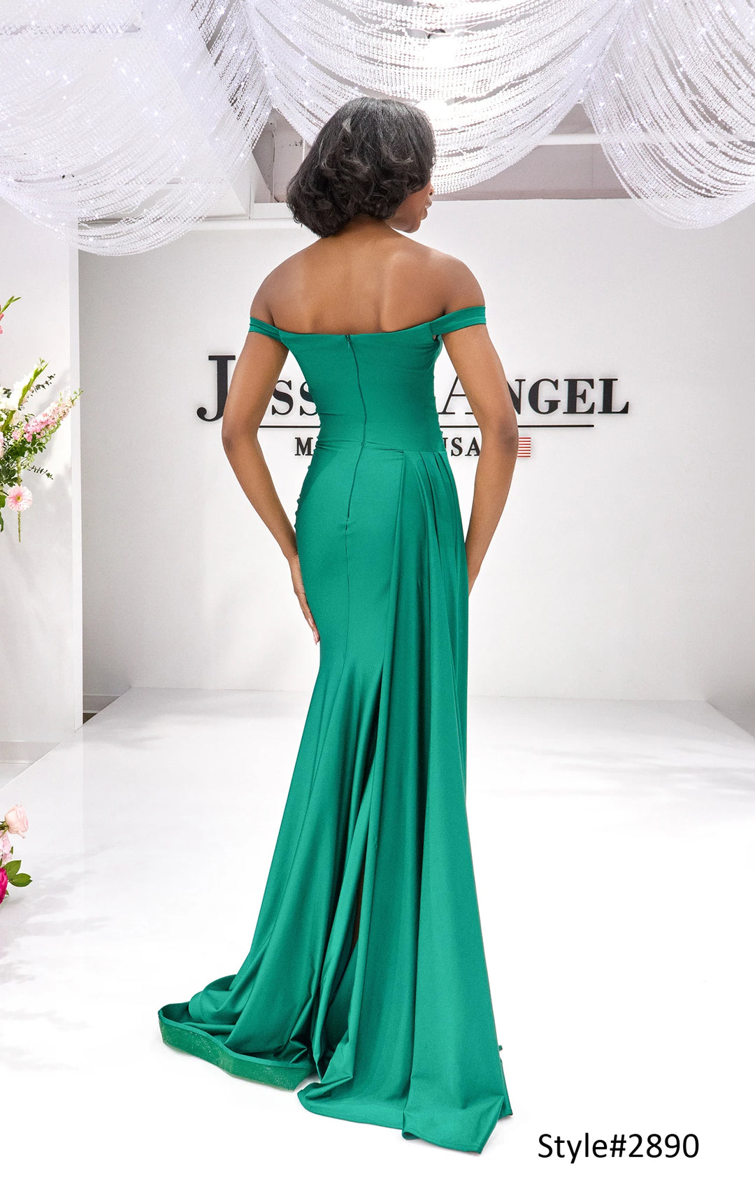Jessica Angel 2890 off shoulder ruched jersey gown with slit alternate view 3