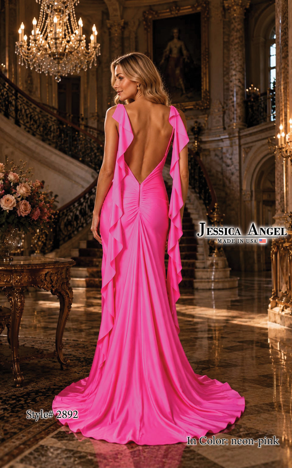 Jessica Angel 2892 V-neck ruffle jersey gown with slit back view