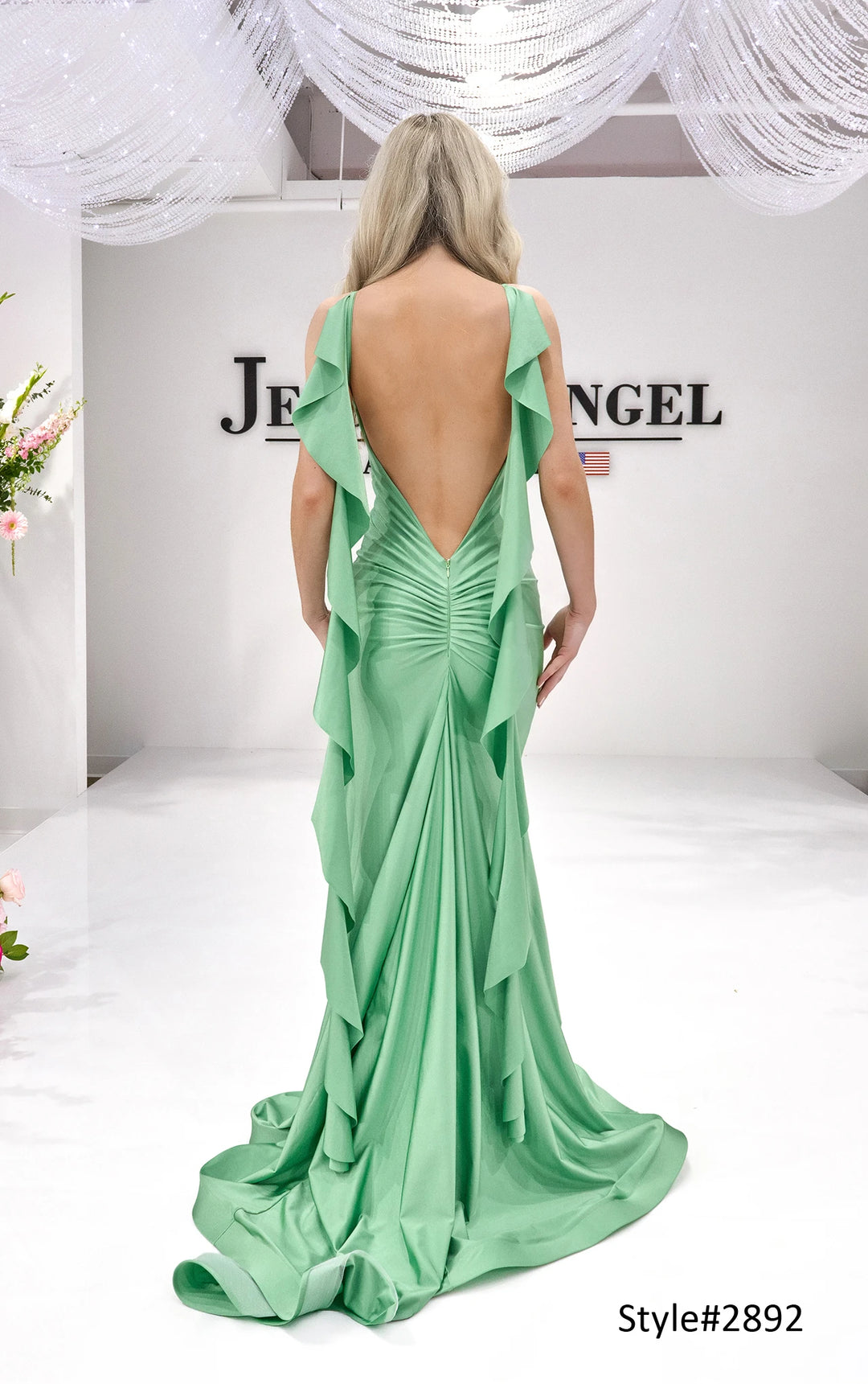 Jessica Angel 2892 V-neck ruffle jersey gown with slit alternate view 4