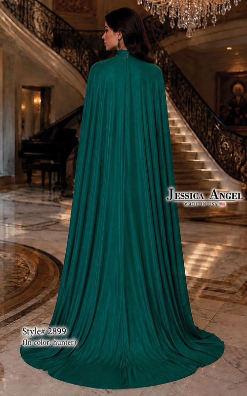 Jessica Angel 2899 strapless ruched jersey mermaid gown with cape back view