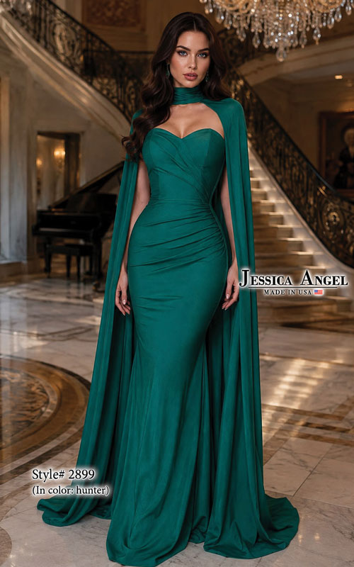 Jessica Angel 2899 strapless ruched jersey mermaid gown with cape front view