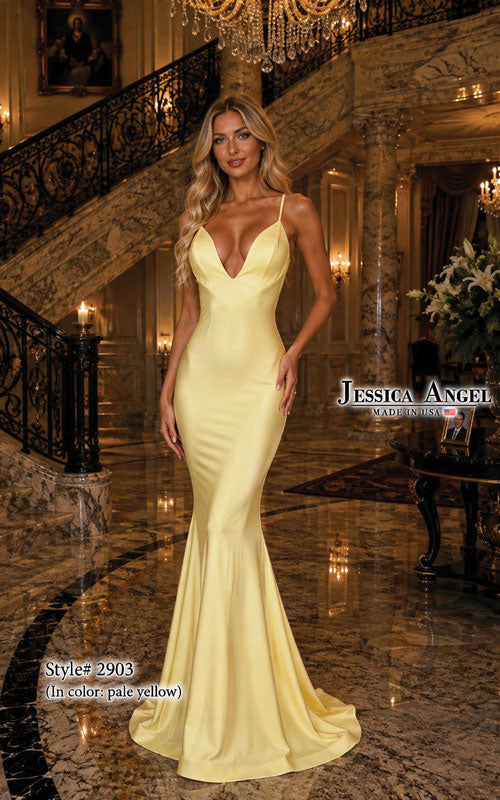 Jessica Angel 2903 V-neck crisscross back jersey mermaid gown front view
