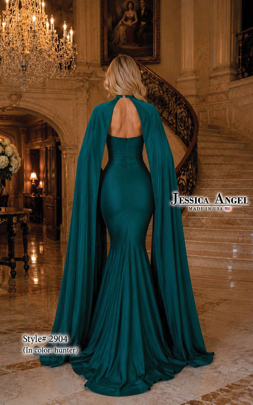 Jessica Angel 2904 strapless jersey mermaid gown with cape back view
