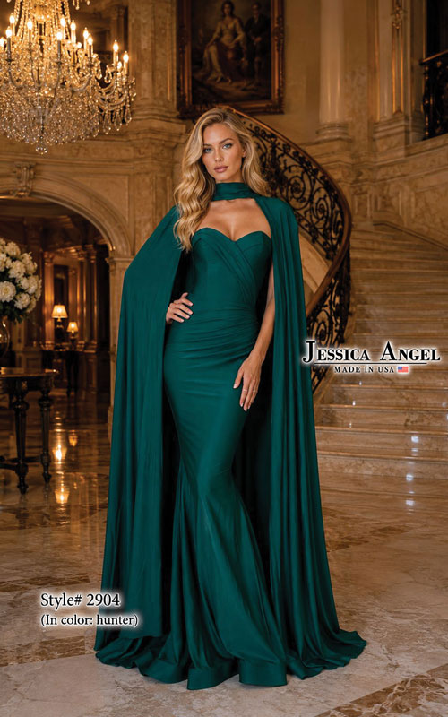 Jessica Angel 2904 strapless jersey mermaid gown with cape front view
