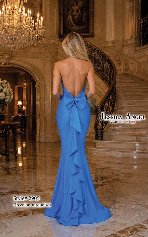 Jessica Angel 2905 high neck halter jersey mermaid gown with back bow back view
