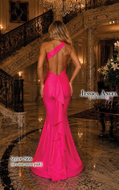 Jessica Angel 2906 one shoulder cutout jersey mermaid gown back view