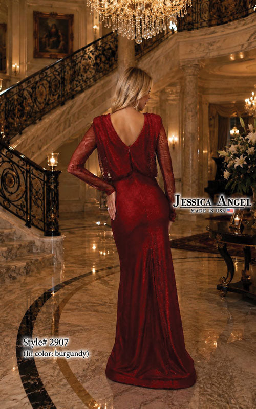 Jessica Angel 2907 long sleeve high neck jersey gown back view