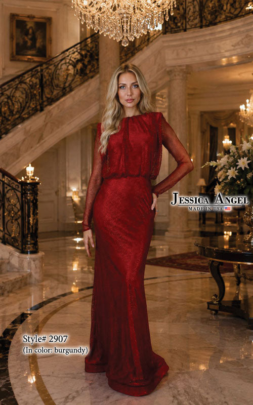 Jessica Angel 2907 long sleeve high neck jersey gown front view