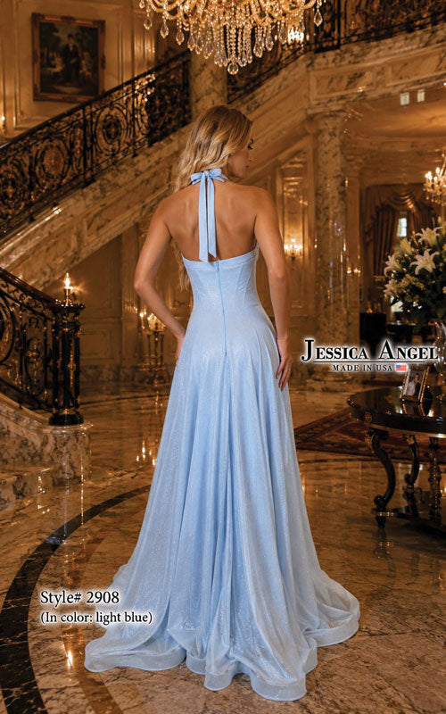Jessica Angel 2908 halter sweetheart glitter mesh A-line gown with slit back view