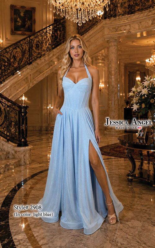 Jessica Angel 2908 halter sweetheart glitter mesh A-line gown with slit front view