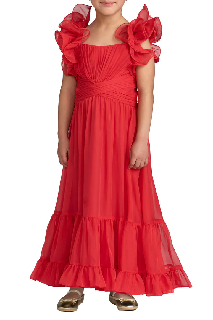 Mac Duggal 68669 Girls Pink Floral Chiffon Ruffle Shoulder Dress