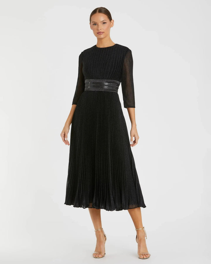 Mac Duggal 30750 Black Shimmering 3/4 Sleeve A-Line Midi Dress