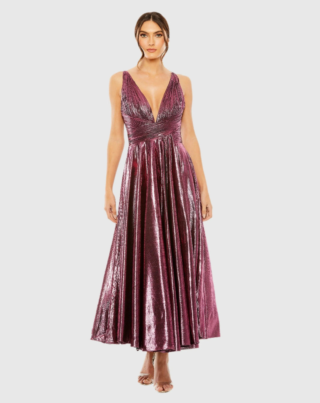 Mac Duggal 30761 Sleeveless V Neck Pleated Top Metallic Dress