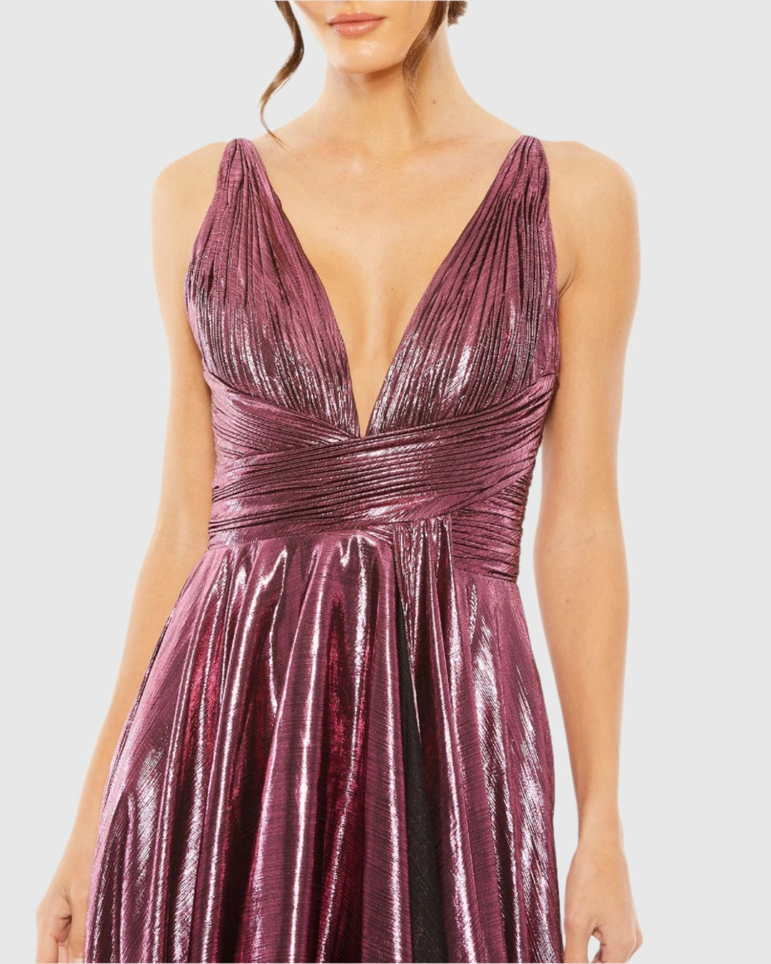 Mac Duggal 30761 Sleeveless V Neck Pleated Top Metallic Dress
