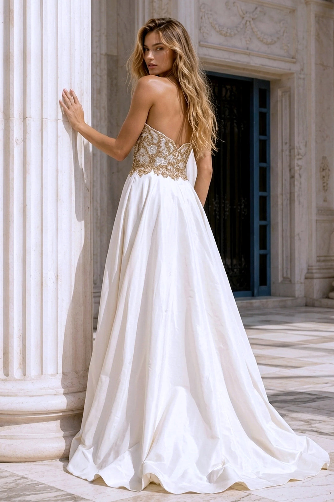 Jovani 36700 Satin Gown with Gold Beaded Bodice and Slit