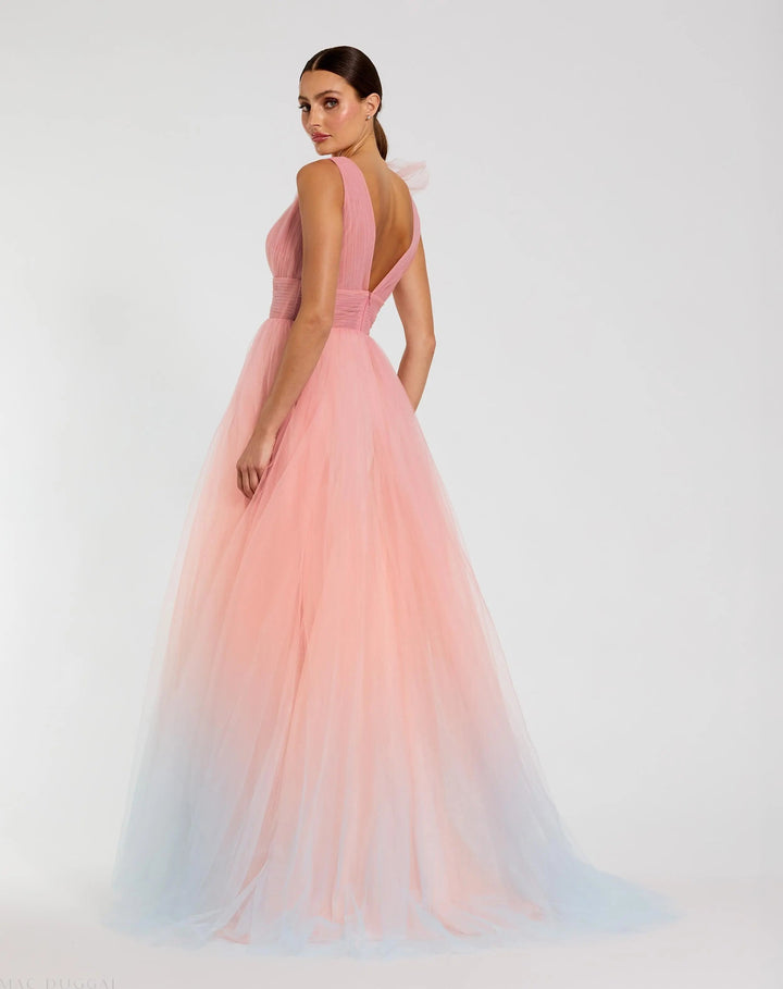Mac Duggal 37001 Pink Ruffle Shoulder V Neck Ombre Tulle Ball Gown