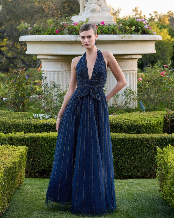 Mac Duggal 37120 Navy Beaded Halter Neck Open Back A-Line Gown
